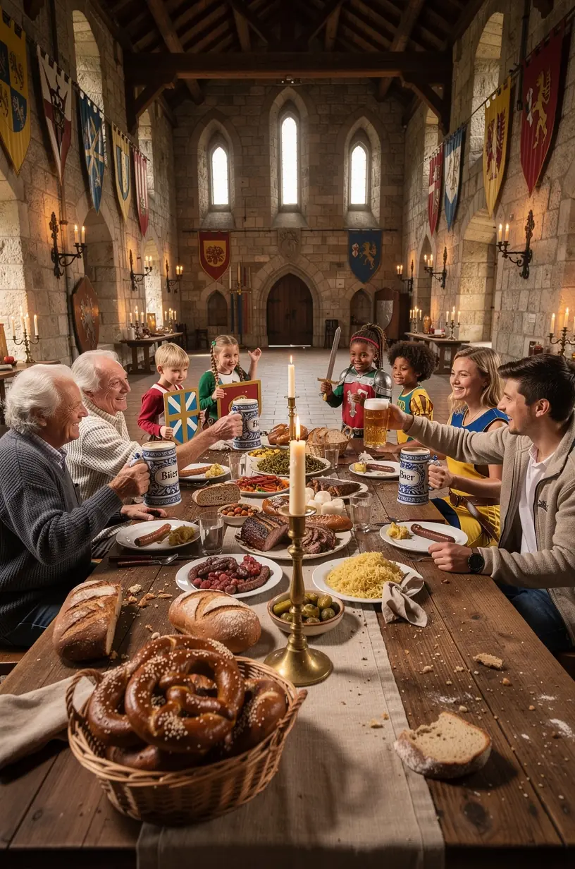 Luftaufnahme einer historischen Burganlage mit umliegenden Wäldern bei klarem Himmel