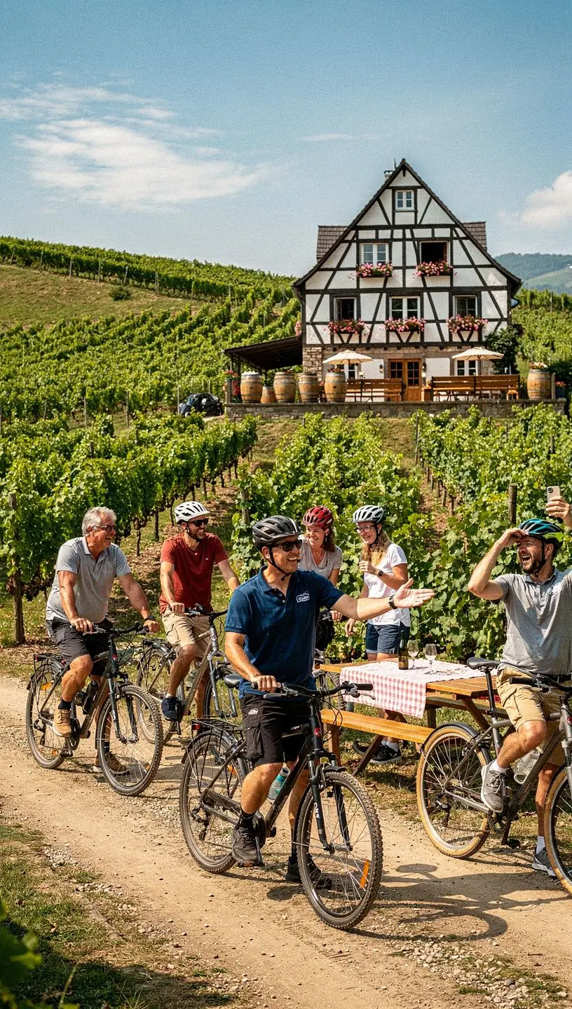 Geführte Gruppe von Reisenden, die eine mittelalterliche Burg im Rahmen einer Themenreise erkunden